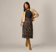 A Line Satin Waist Pleated Midi Skirt In Chocolate Paisley Vine