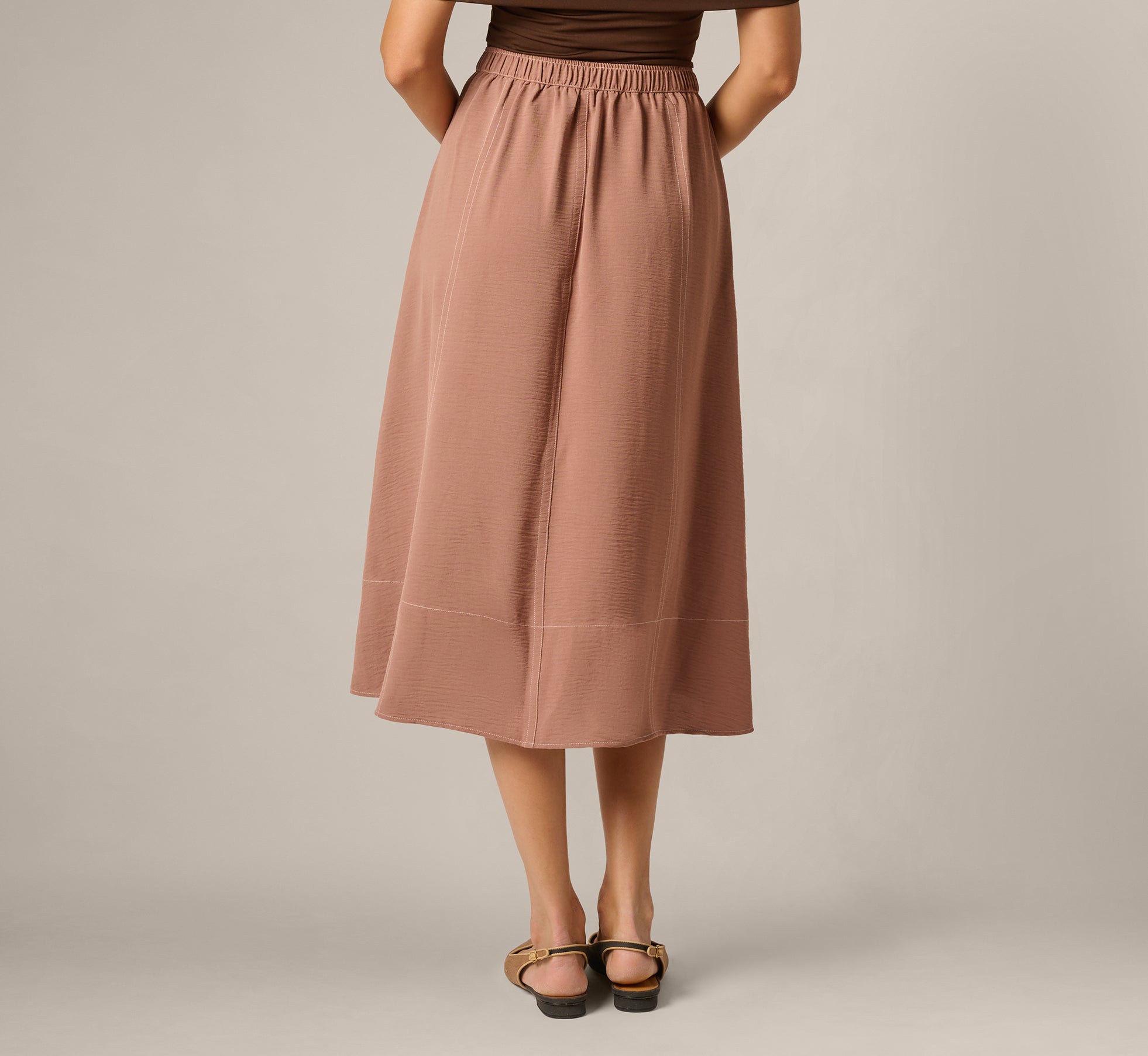Airflow Topstitch A Line Midi Skirt In Chocolate Malt Cream