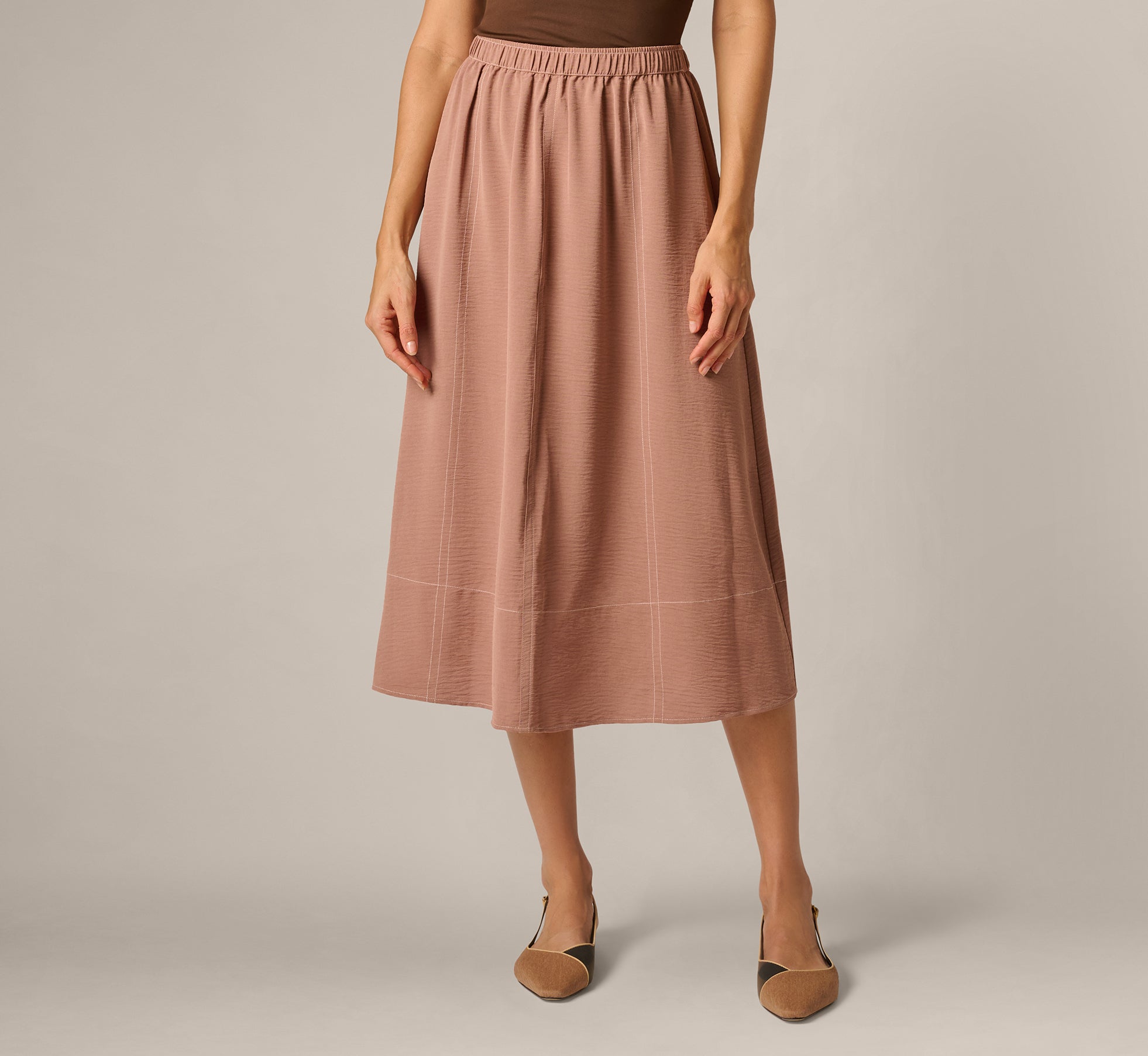 Airflow Topstitch A Line Midi Skirt In Chocolate Malt Cream