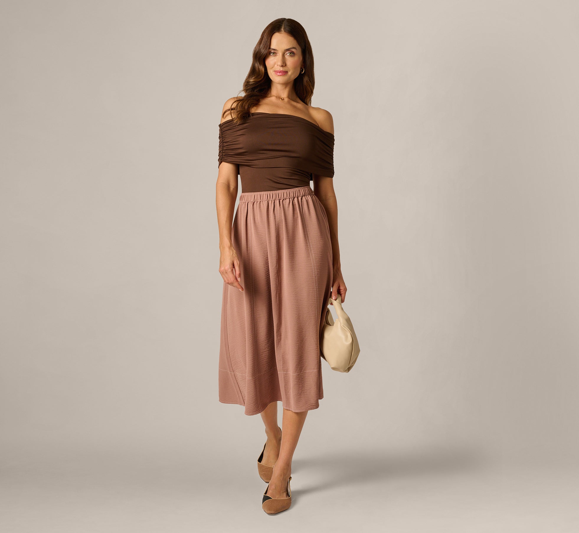 Airflow Topstitch A Line Midi Skirt In Chocolate Malt Cream