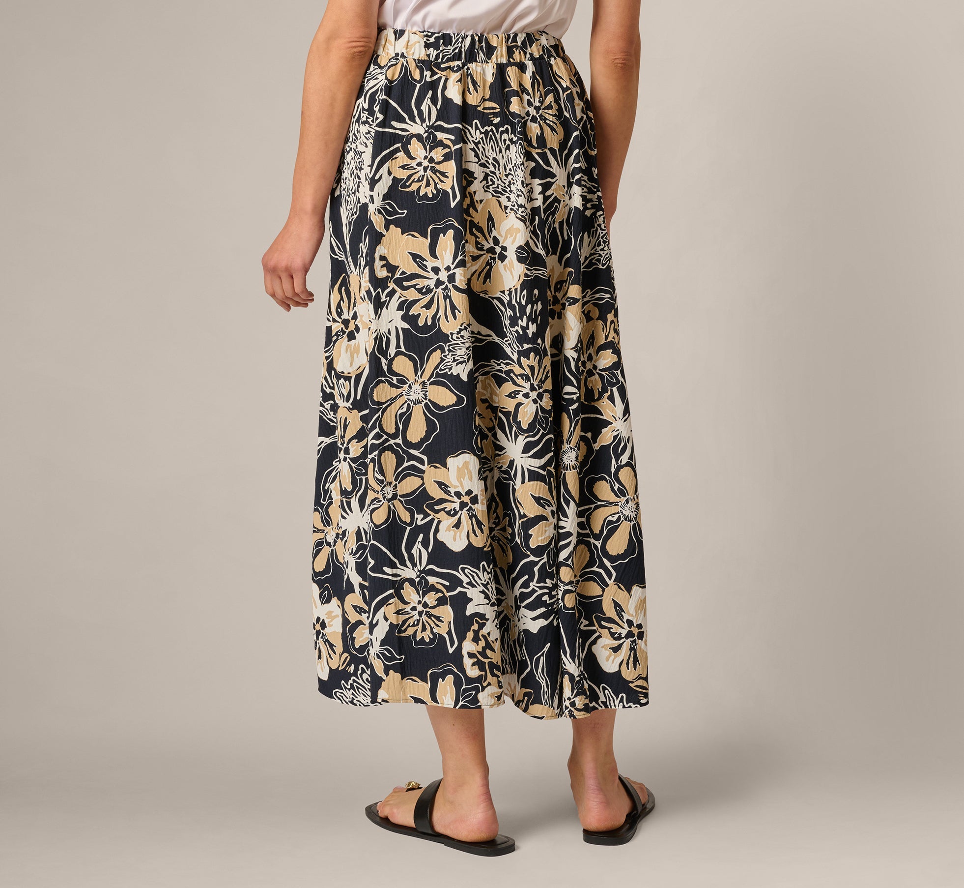 Ankle Length A Line Midi Skirt In Navy Ivory Whimsical Floral