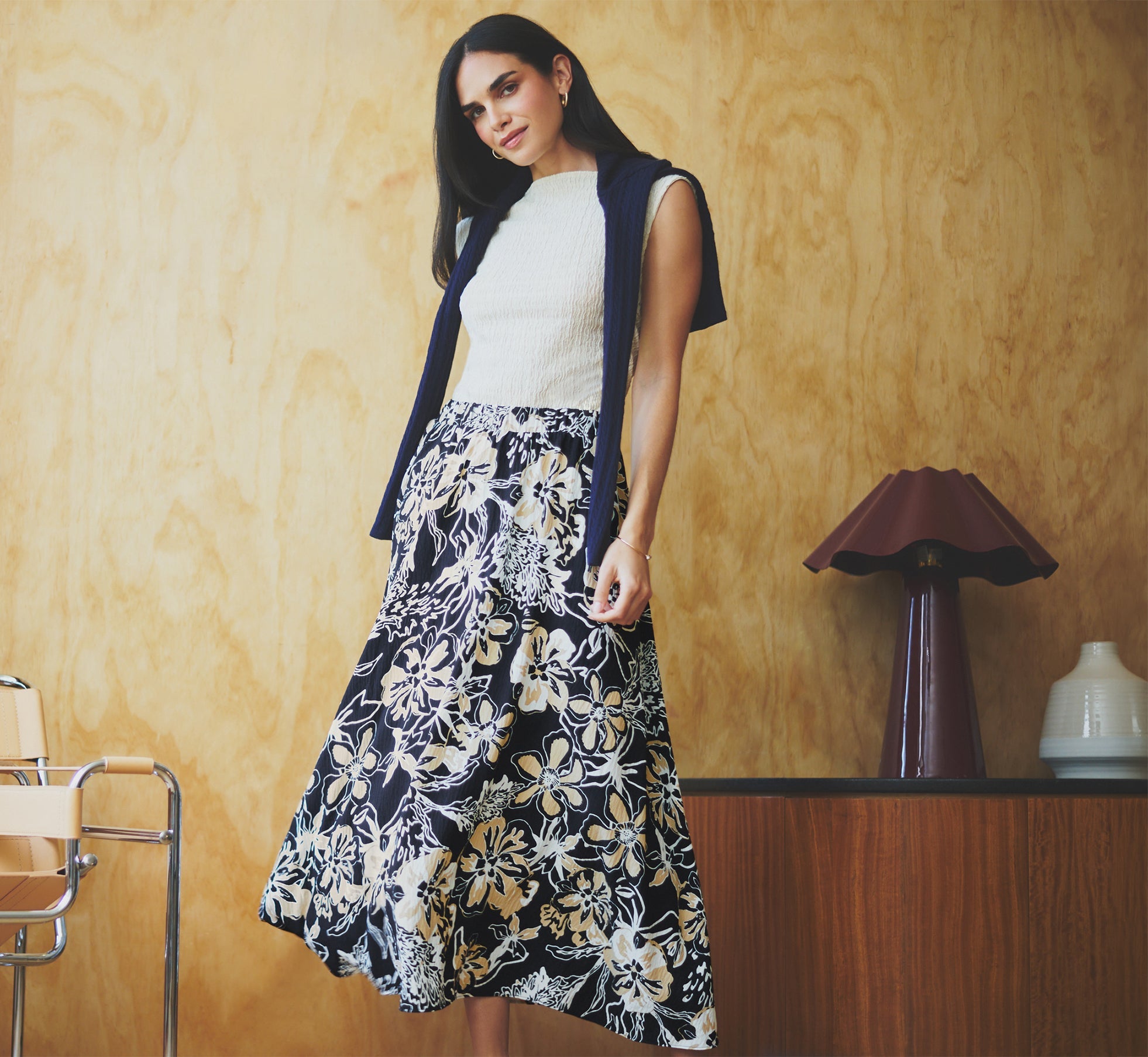 Ankle Length A Line Midi Skirt In Navy Ivory Whimsical Floral