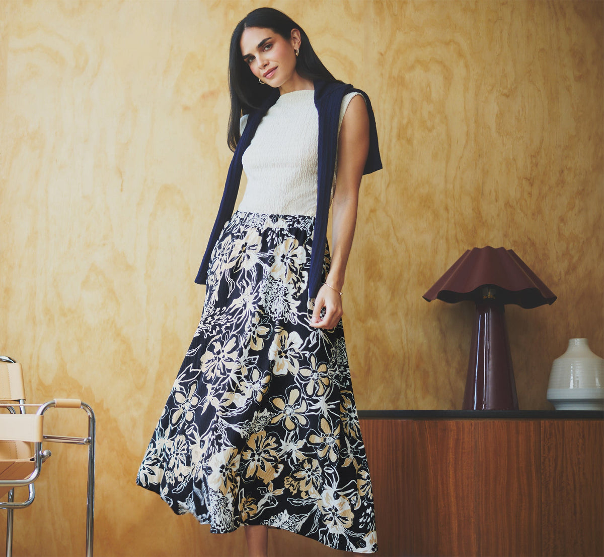 Ankle Length A Line Midi Skirt In Navy Ivory Whimsical Floral