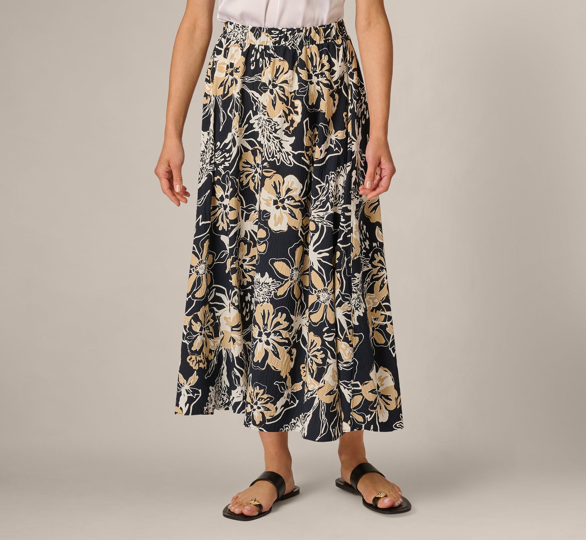 Ankle Length A Line Midi Skirt In Navy Ivory Whimsical Floral