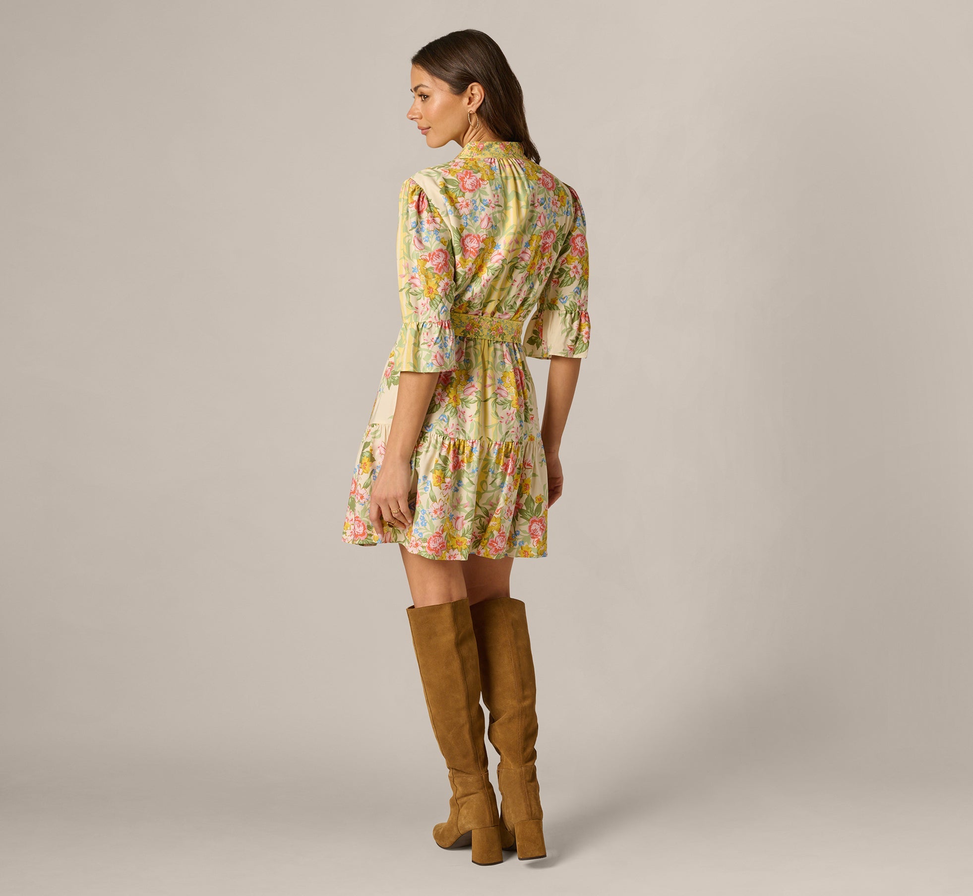 Bell Sleeve Vintage Floral Print Short Dress In Pale Yellow