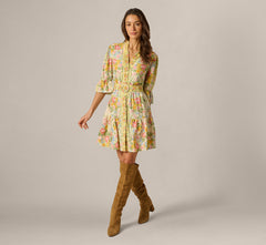 Bell Sleeve Vintage Floral Print Short Dress In Pale Yellow
