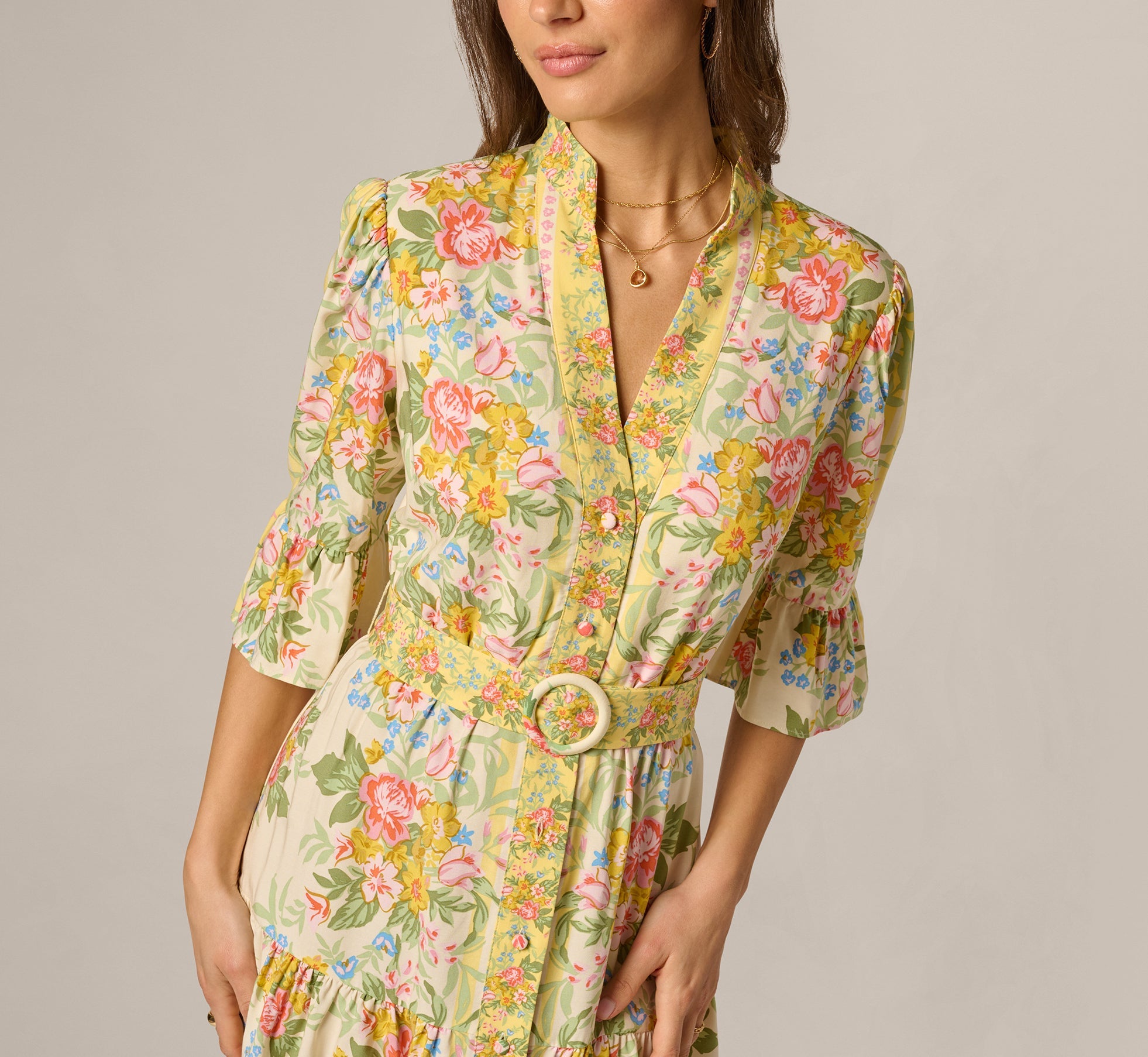Bell Sleeve Vintage Floral Print Short Dress In Pale Yellow