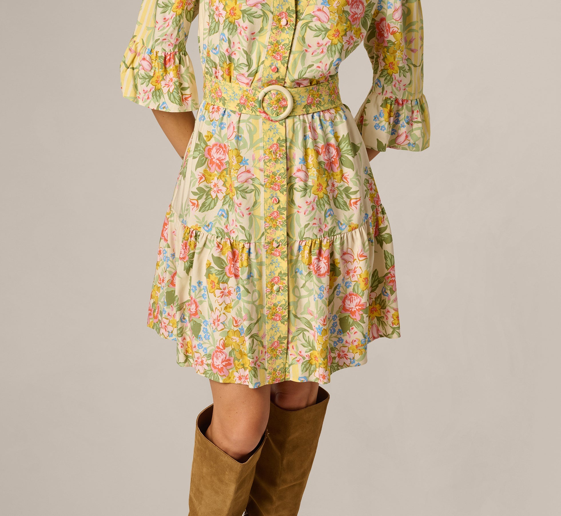Bell Sleeve Vintage Floral Print Short Dress In Pale Yellow