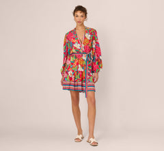 Bishop Sleeve Tropical Floral Short Dress In Red Multi