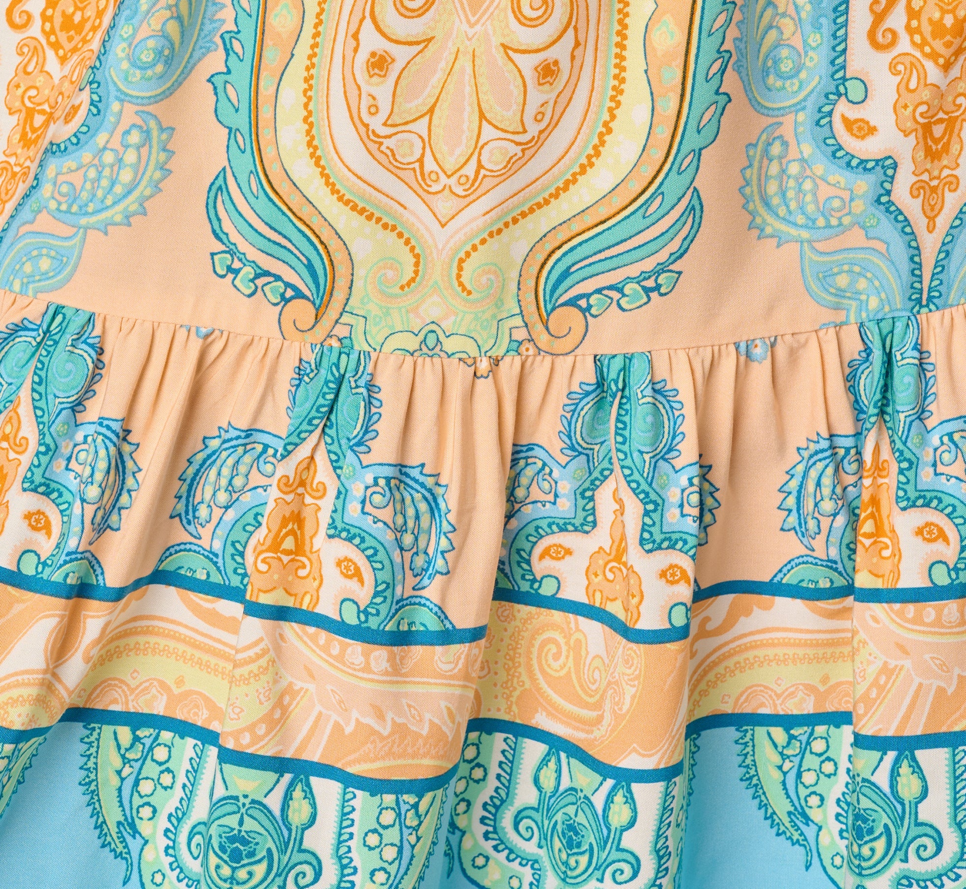Bishop Sleeve Paisley Print Belted Short Dress In Peach Multi