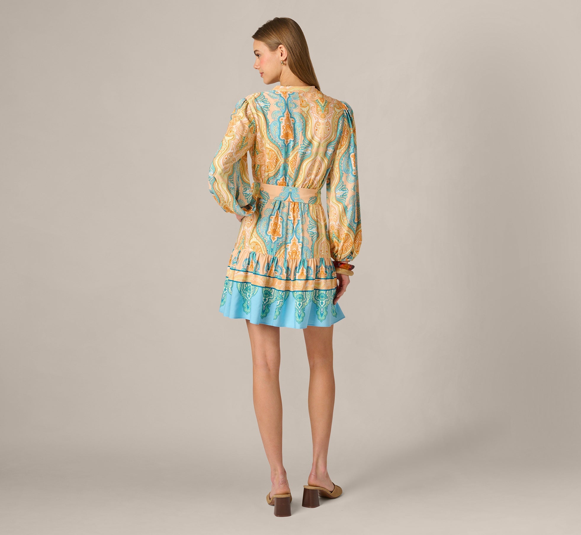 Bishop Sleeve Paisley Print Belted Short Dress In Peach Multi
