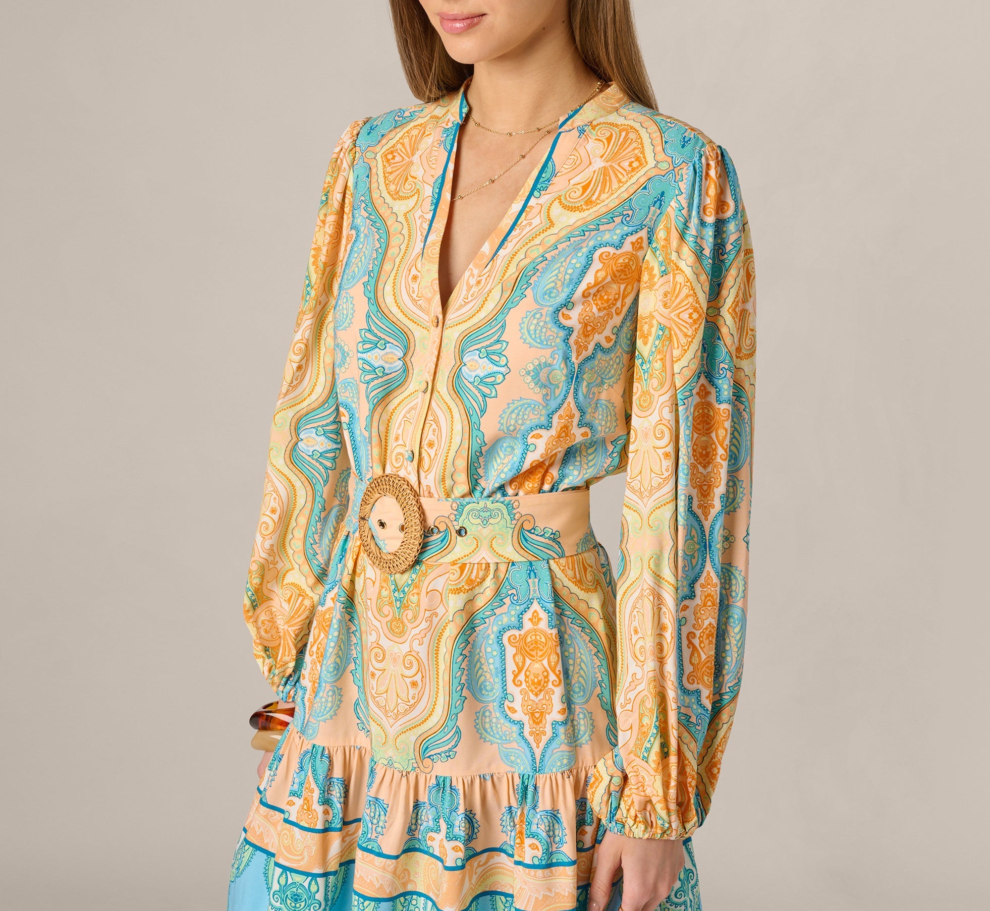 Bishop Sleeve Paisley Print Belted Short Dress In Peach Multi