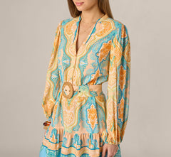 Bishop Sleeve Paisley Print Belted Short Dress In Peach Multi