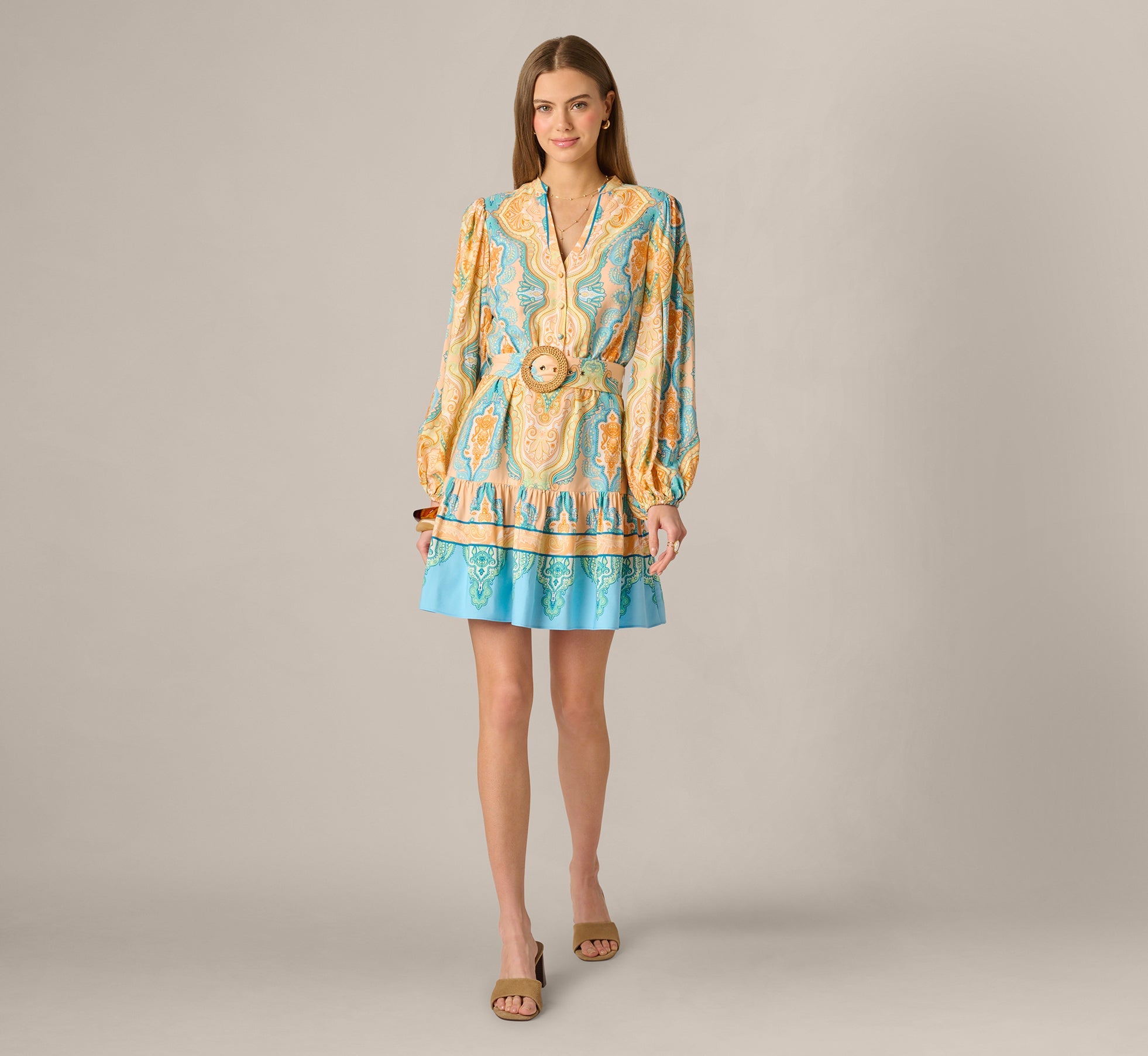 Bishop Sleeve Paisley Print Belted Short Dress In Peach Multi