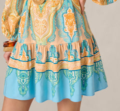 Bishop Sleeve Paisley Print Belted Short Dress In Peach Multi