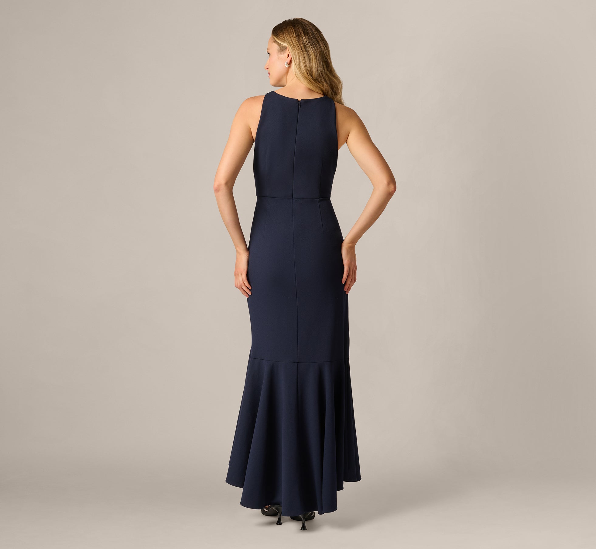 Bead Accent Crepe Halter Gown In Midnight