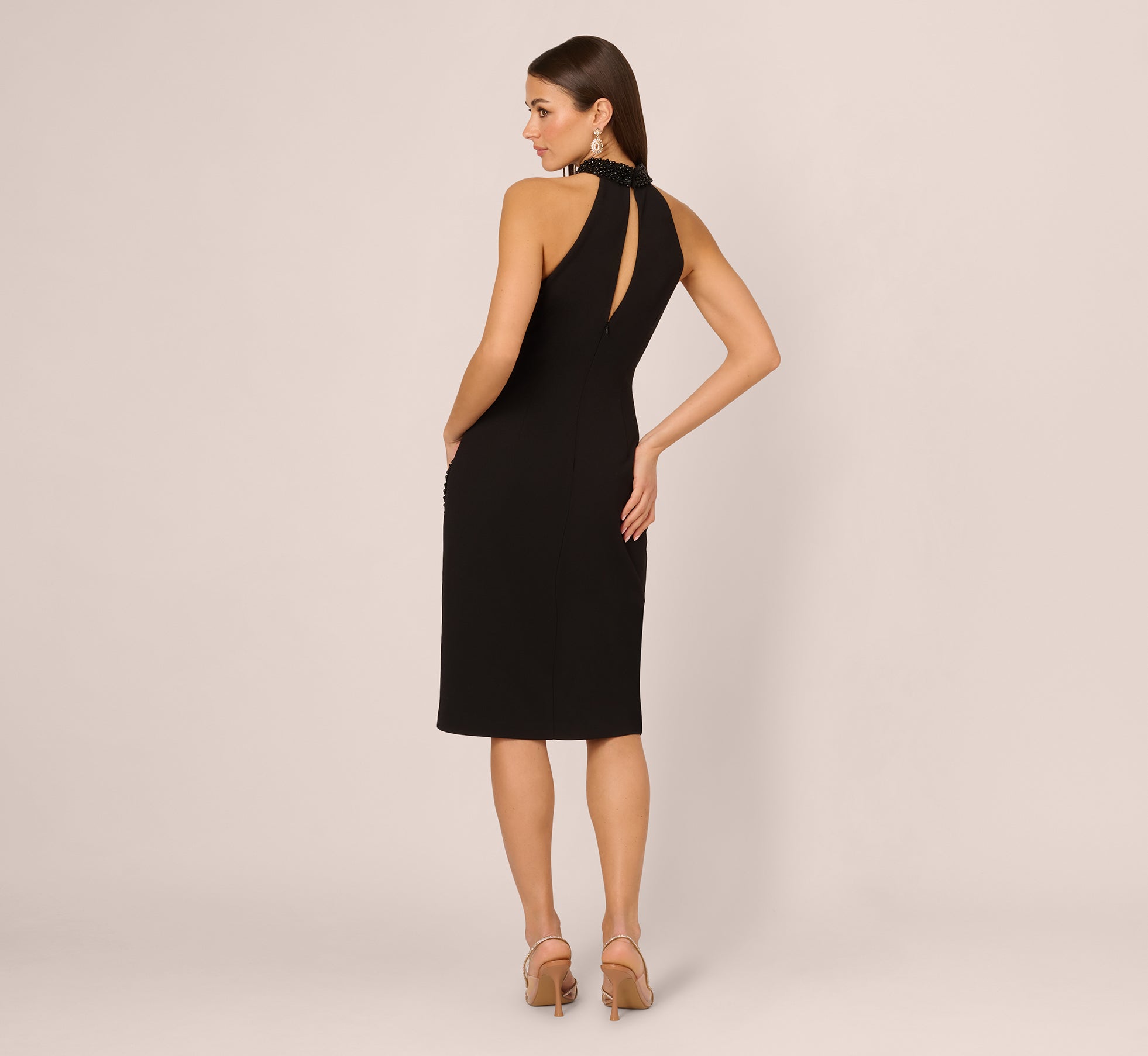 Beaded Detail Halter Midi Sheath Dress In Black