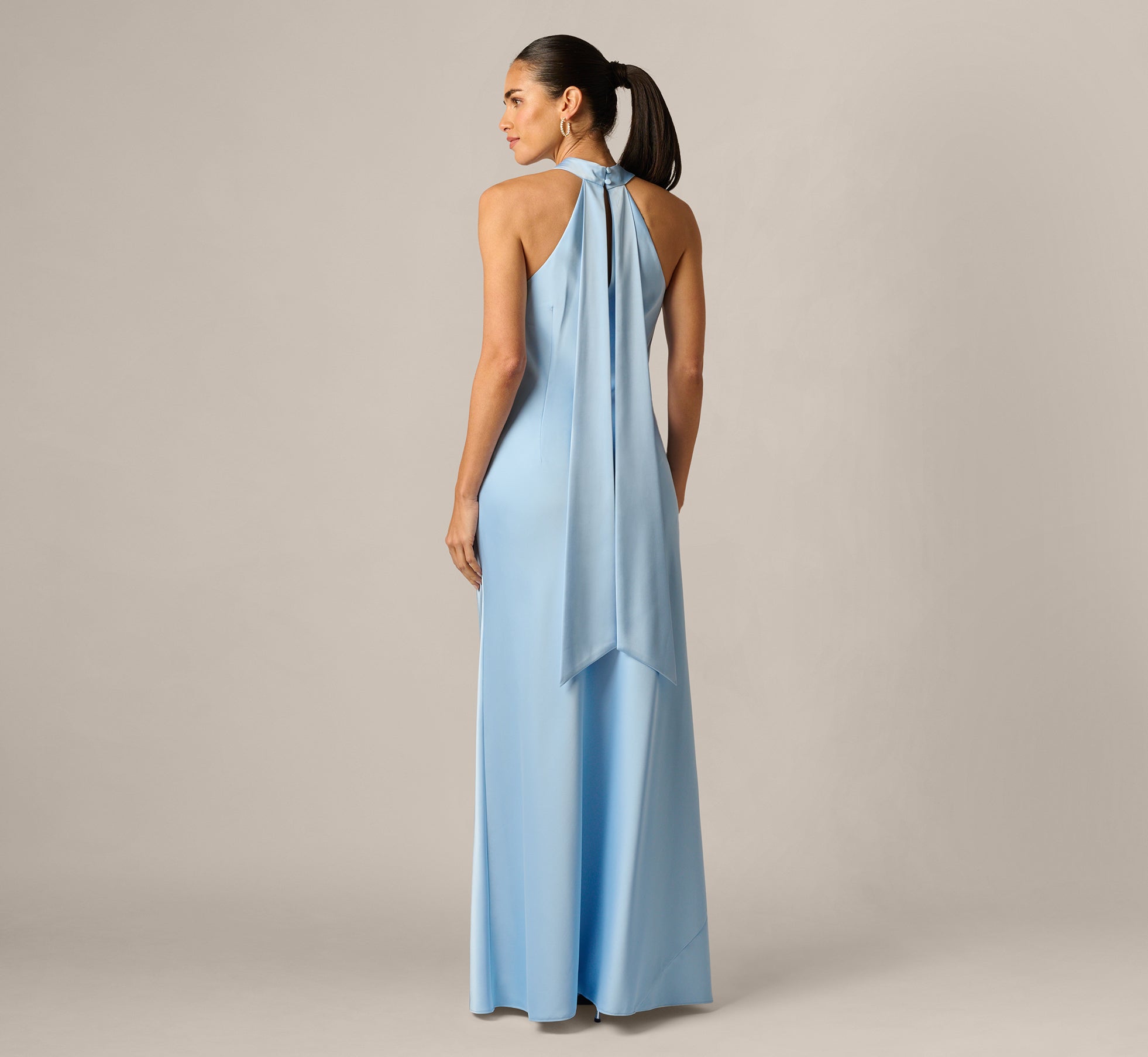 Bias Cut Stretch Satin Scarf Halter Gown In Azure Blue
