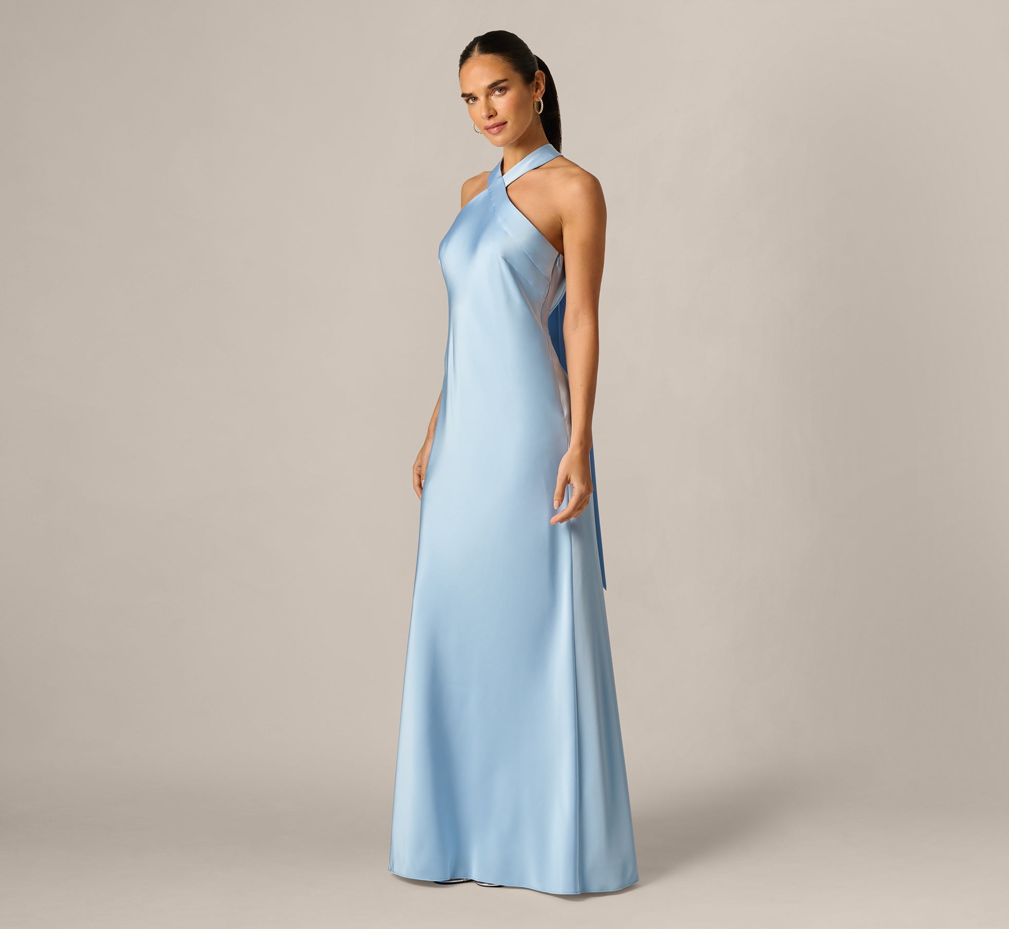Bias Cut Stretch Satin Scarf Halter Gown In Azure Blue