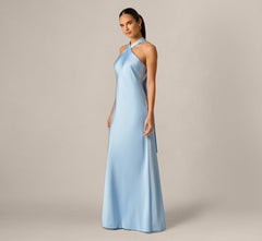 Bias Cut Stretch Satin Scarf Halter Gown In Azure Blue