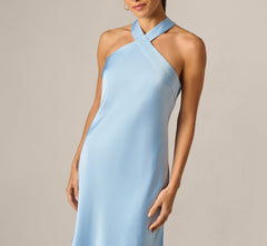 Bias Cut Stretch Satin Scarf Halter Gown In Azure Blue
