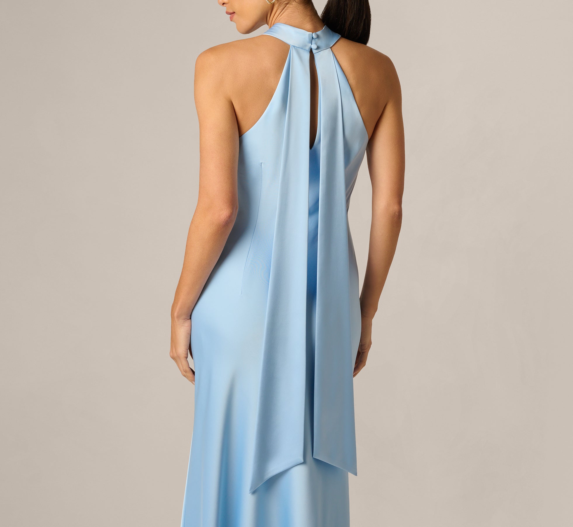 Bias Cut Stretch Satin Scarf Halter Gown In Azure Blue
