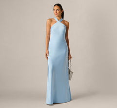 Bias Cut Stretch Satin Scarf Halter Gown In Azure Blue