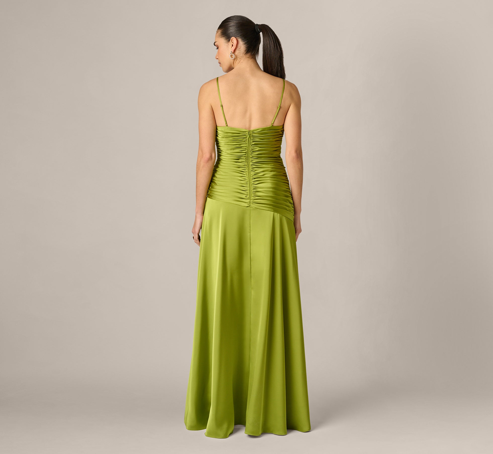 Asymmetrical High Low Stretch Satin Drop Waist Gown In Martini Olive