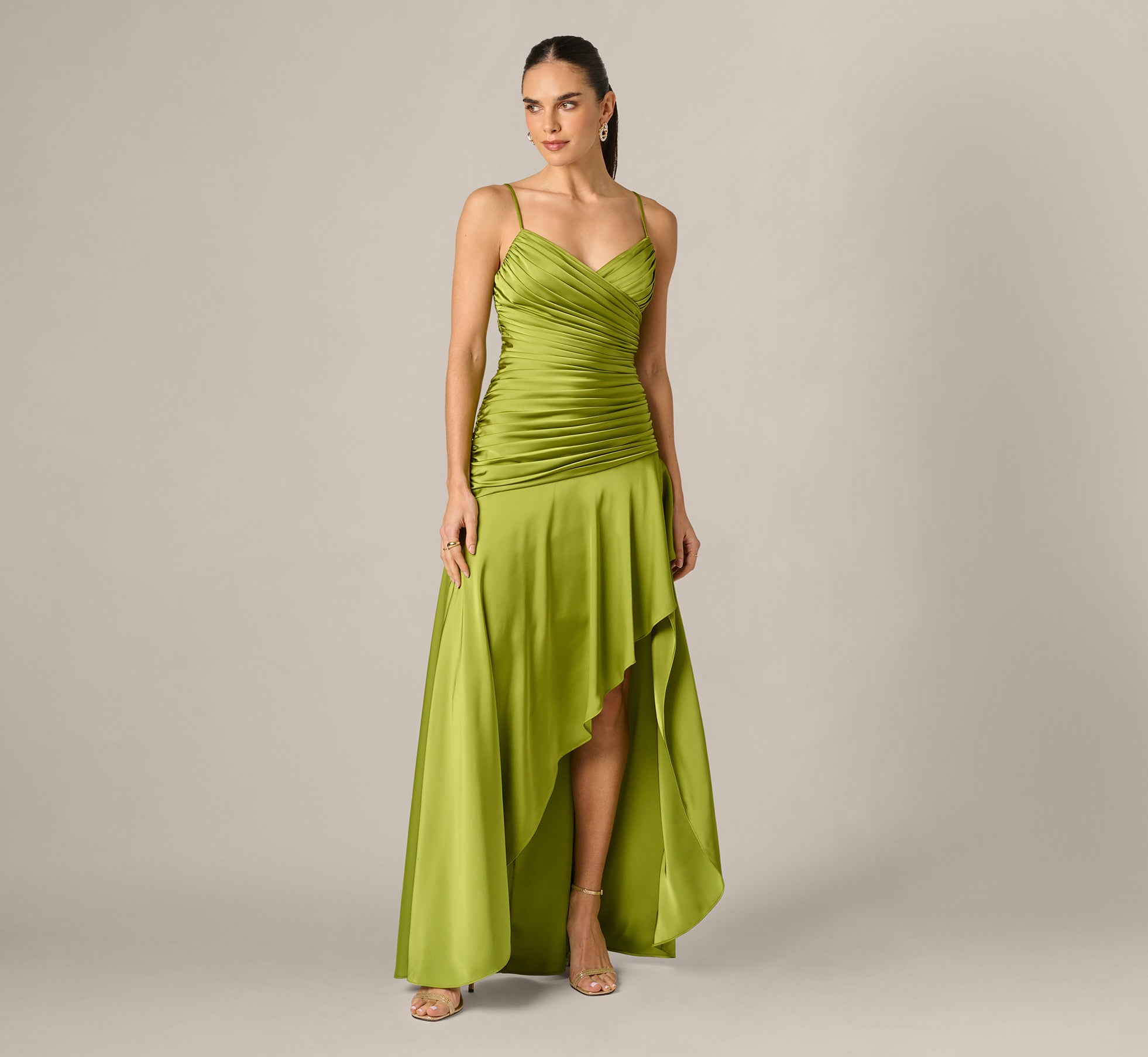 Asymmetrical High Low Stretch Satin Drop Waist Gown In Martini Olive