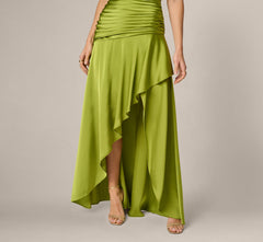 Asymmetrical High Low Stretch Satin Drop Waist Gown In Martini Olive