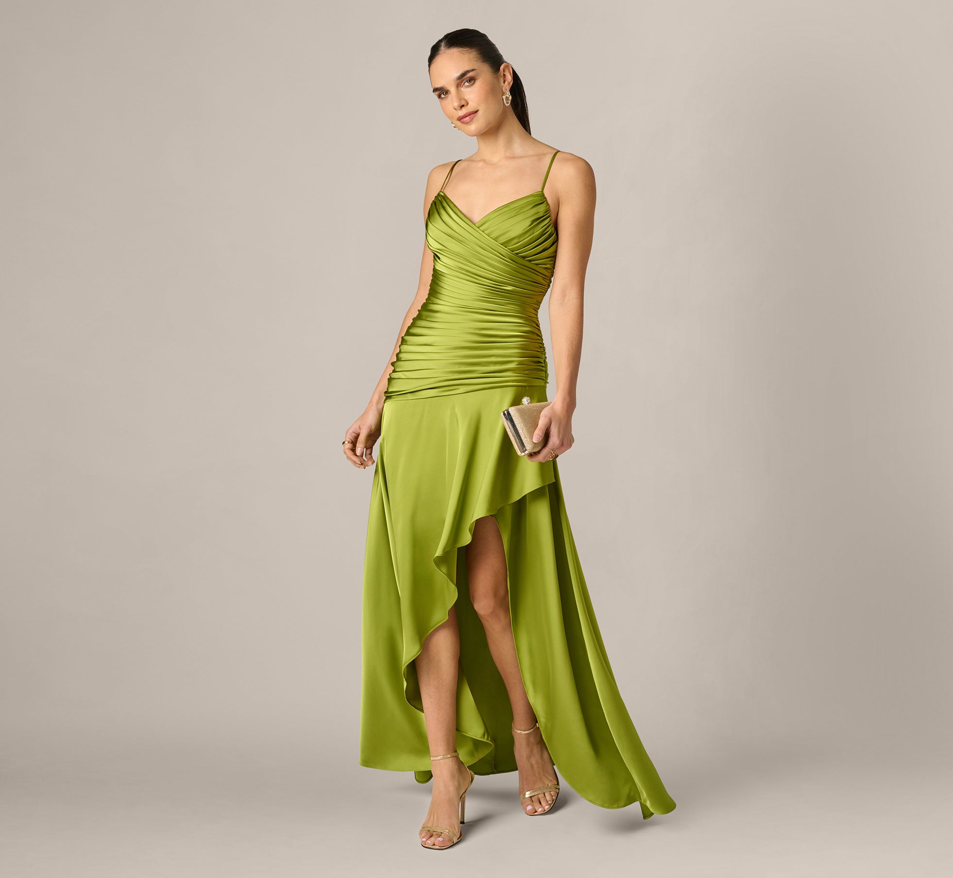 Asymmetrical High Low Stretch Satin Drop Waist Gown In Martini Olive