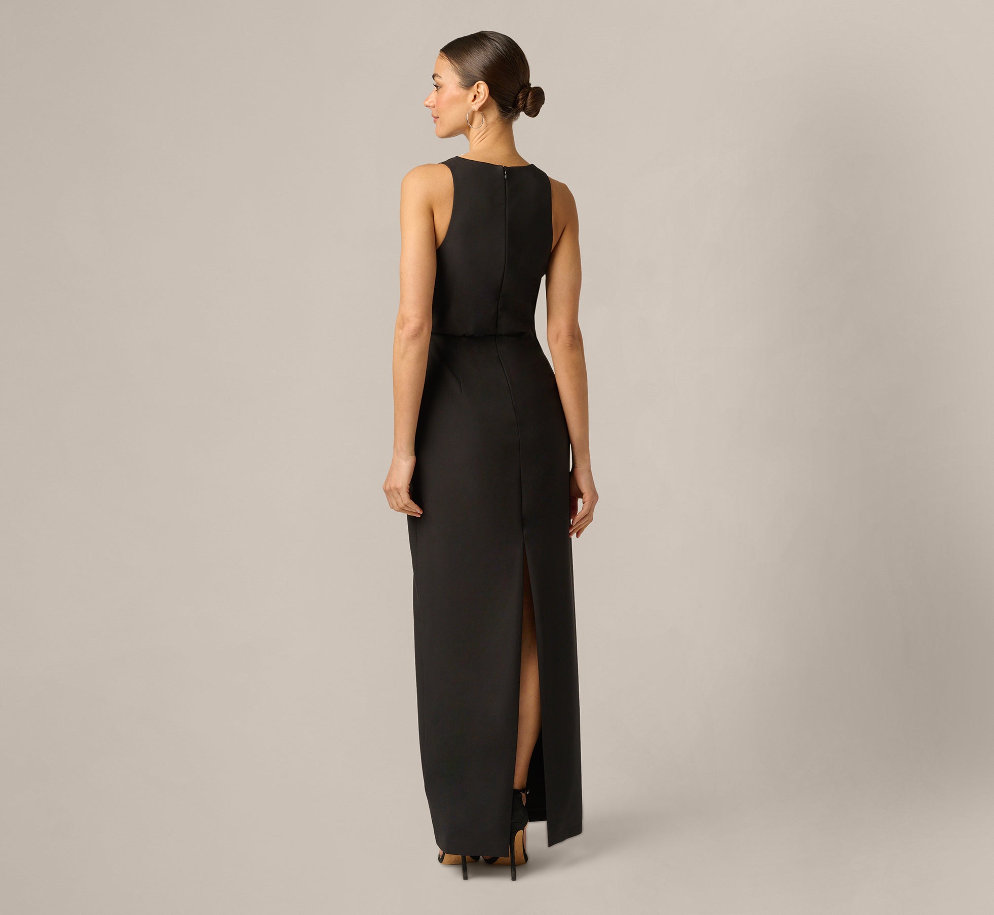 Blouson Lace Trim Plunge Gown In Black