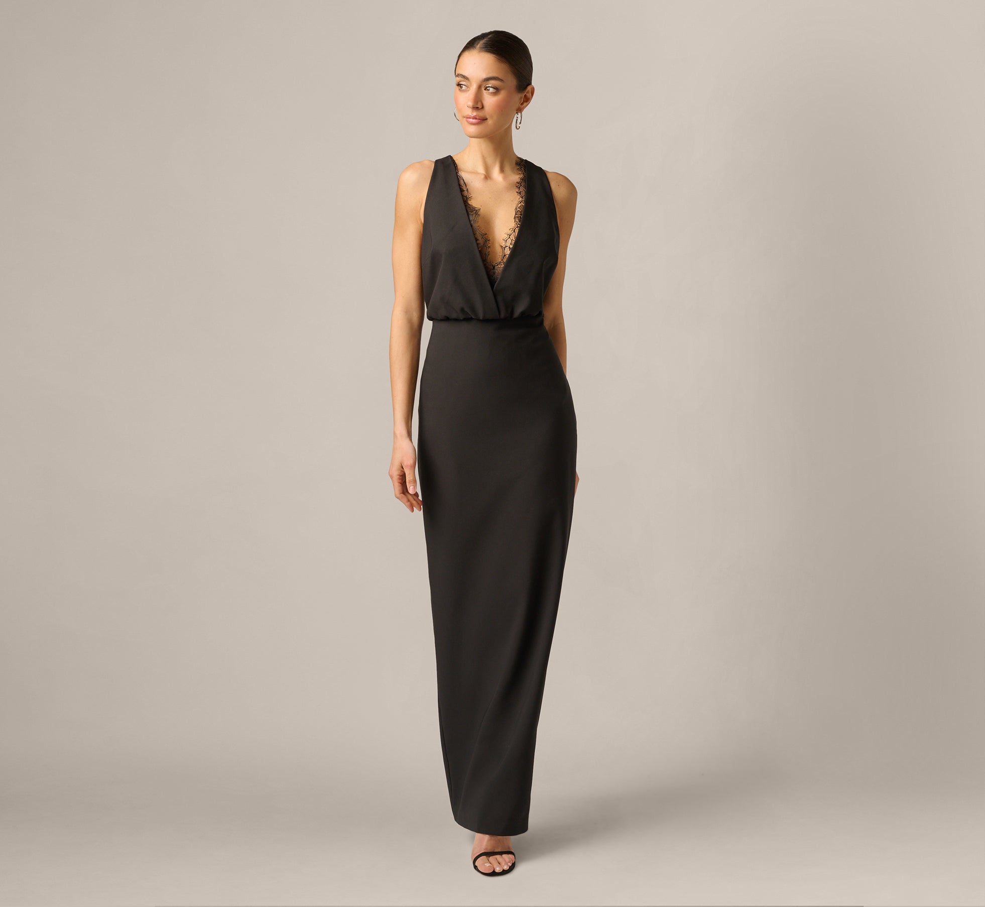 Blouson Lace Trim Plunge Gown In Black