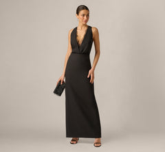 Blouson Lace Trim Plunge Gown In Black