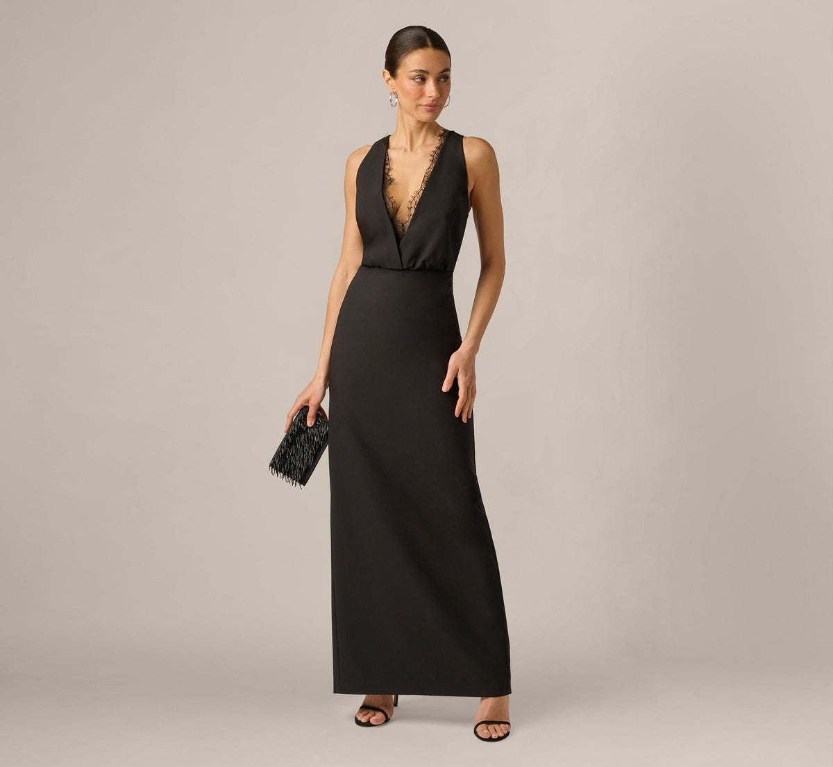 Blouson Lace Trim Plunge Gown In Black