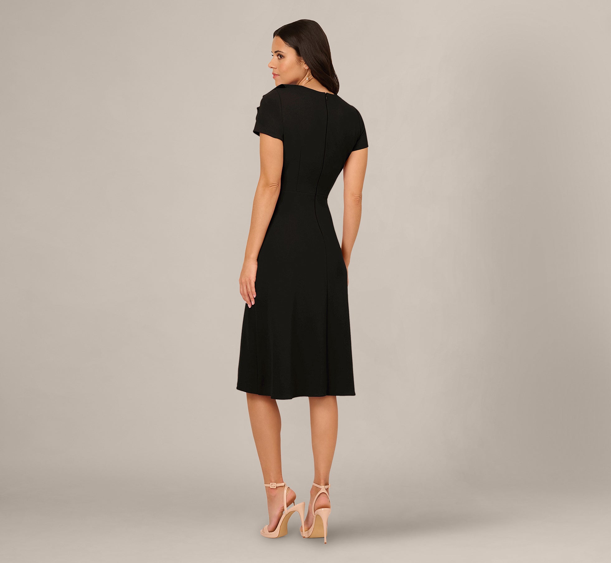 Asymmetrical Short Sleeve Crepe Midi Dress In Black
