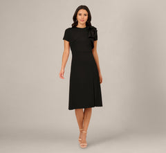 Asymmetrical Short Sleeve Crepe Midi Dress In Black