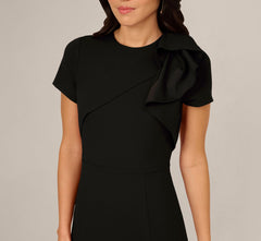 Asymmetrical Short Sleeve Crepe Midi Dress In Black