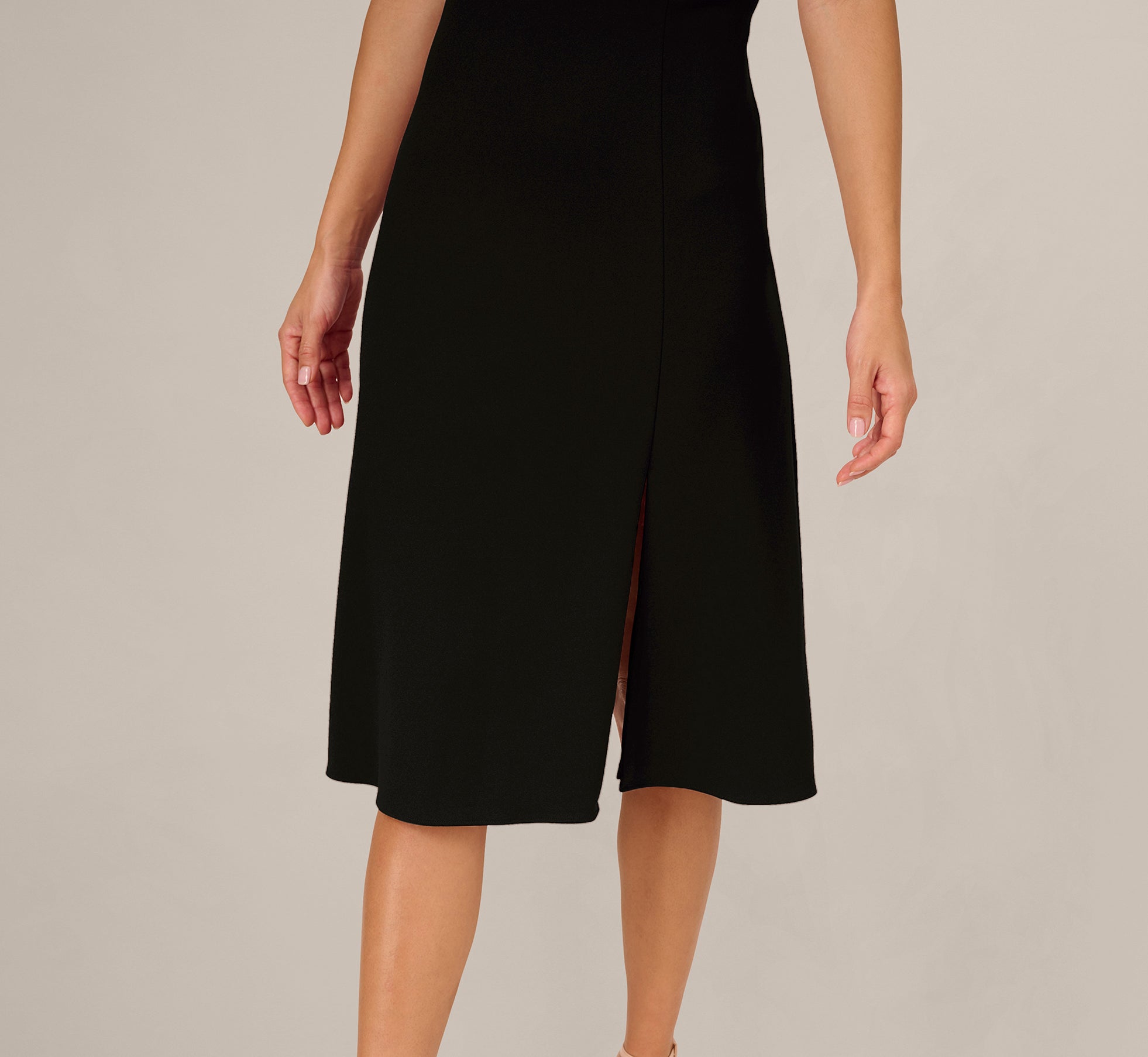 Asymmetrical Short Sleeve Crepe Midi Dress In Black