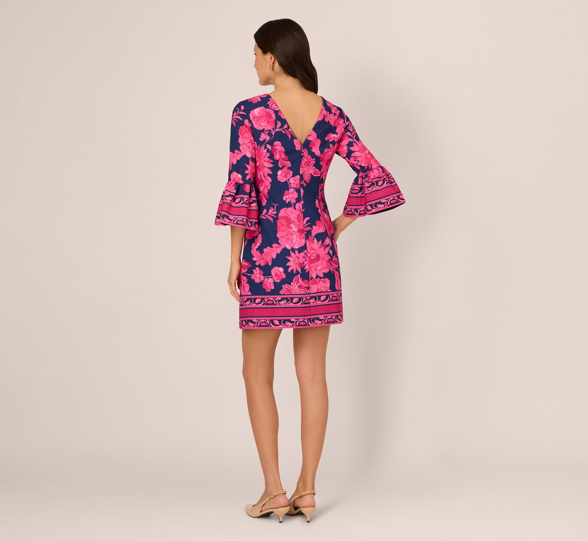 Bell Sleeve Floral Twill Short Dress In Navy Multi