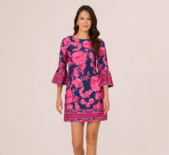 Bell Sleeve Floral Twill Short Dress In Navy Multi