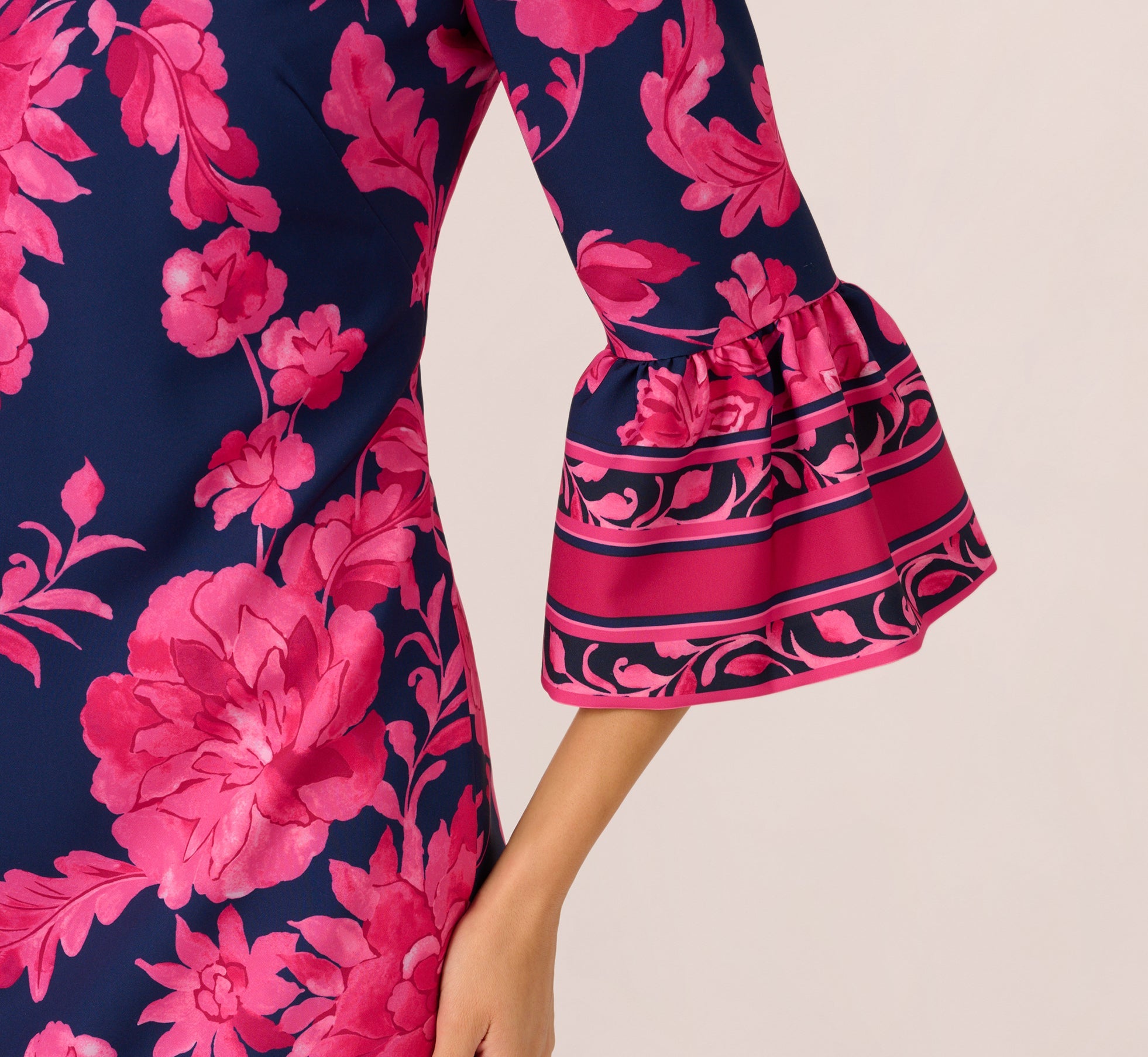 Bell Sleeve Floral Twill Short Dress In Navy Multi