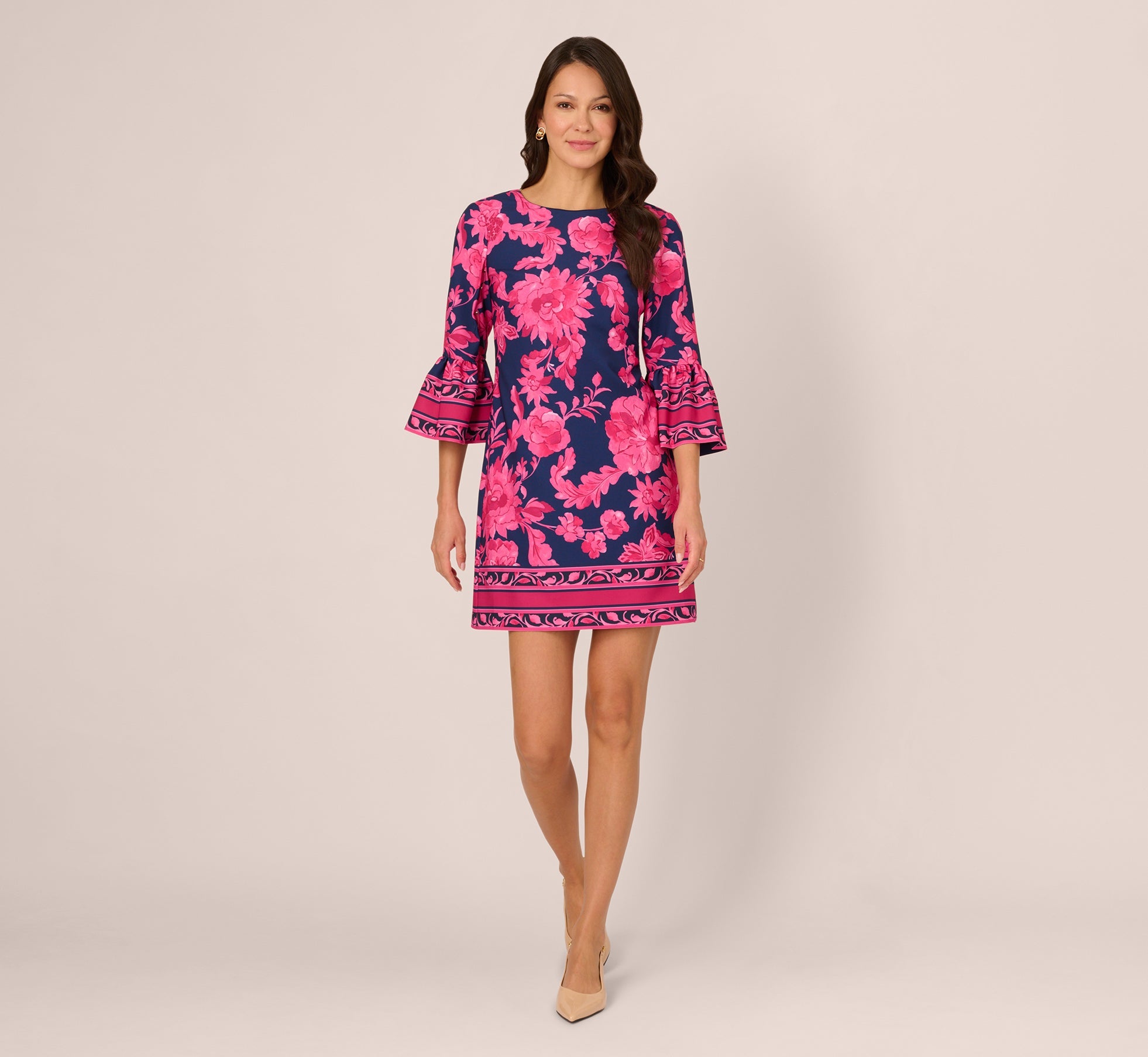 Bell Sleeve Floral Twill Short Dress In Navy Multi