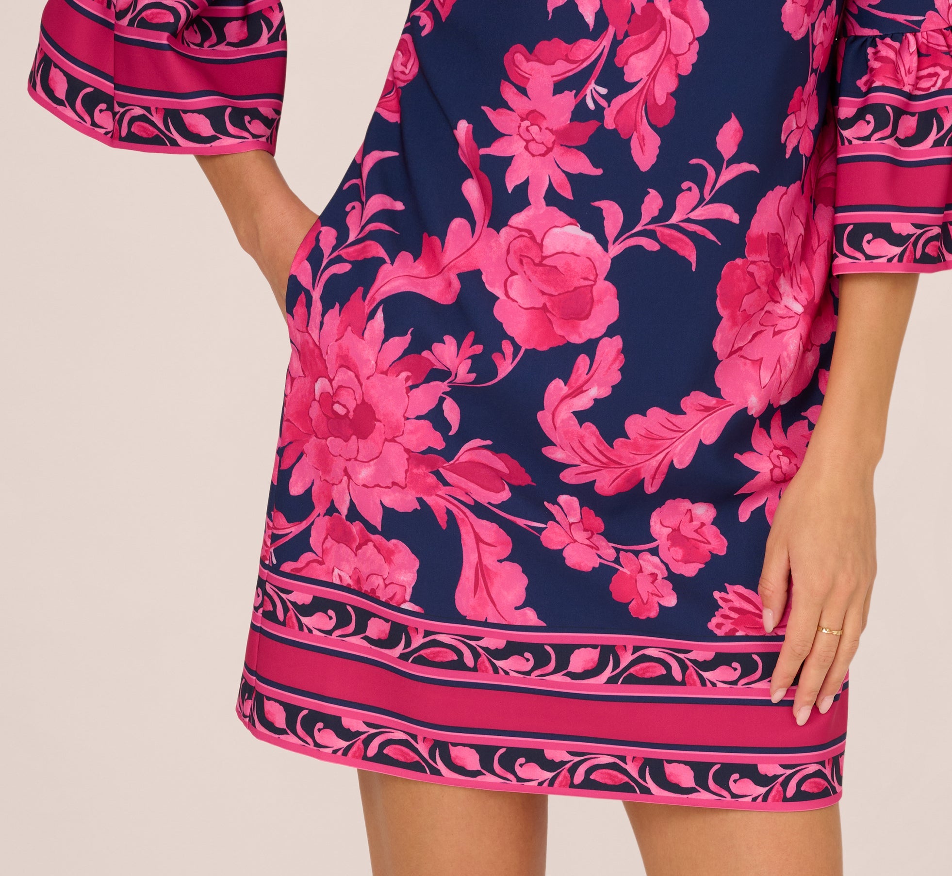 Bell Sleeve Floral Twill Short Dress In Navy Multi