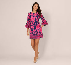 Bell Sleeve Floral Twill Short Dress In Navy Multi