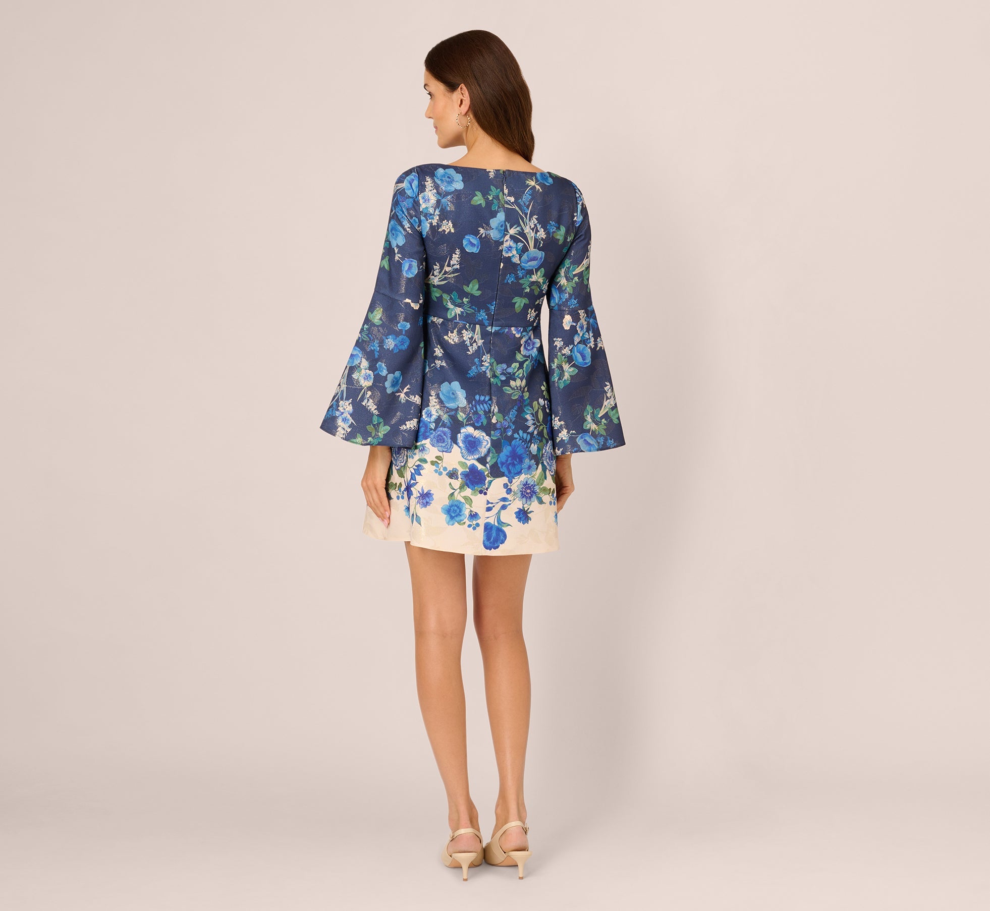 Bell Sleeve Floral Short Sheath Dress In Navy Multi