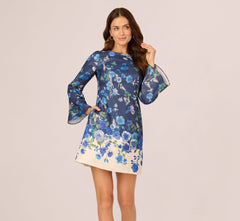 Bell Sleeve Floral Short Sheath Dress In Navy Multi