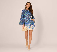 Bell Sleeve Floral Short Sheath Dress In Navy Multi