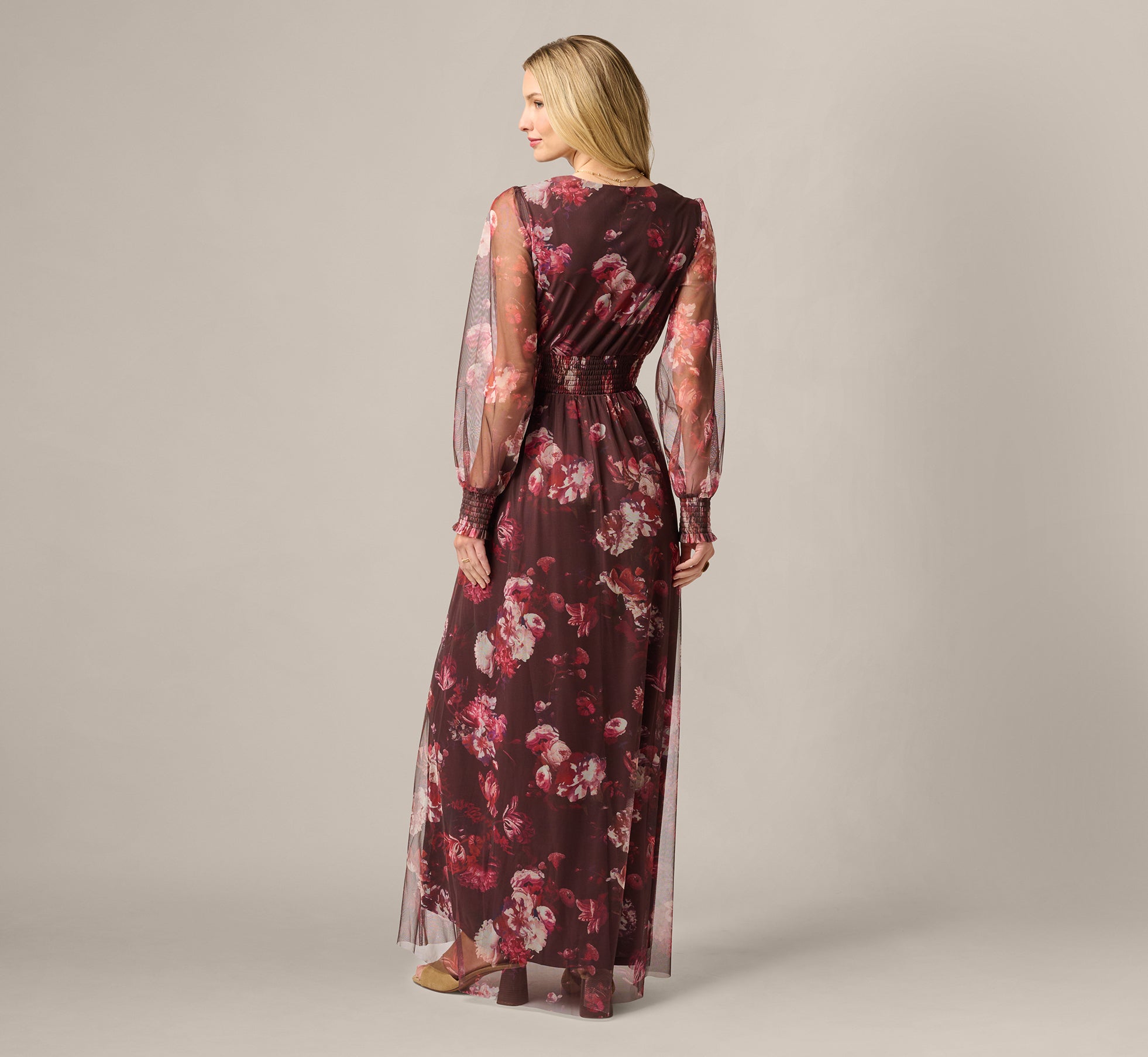 Bishop Sleeve Floral Mesh Maxi Dress In Brown Multi