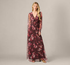 Bishop Sleeve Floral Mesh Maxi Dress In Brown Multi